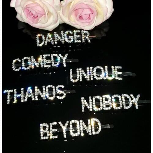 Bling Word Hair Jewelry Gift "DANGER,COMEDY,UNIQUE,THANOS,NOBODY,BEYOND" Hot Fashionable Hairclips Hair Pins Hairgrips WHOLESALE