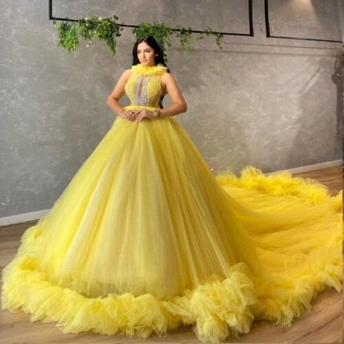 Gorgeous Yellow Princess Prom Dresses High Neck Crystal Beaded Evening Dress for Women Ruffles Skirt robe de soirée