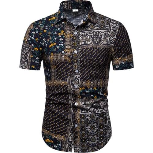 Vintage Floral Shirt Men Chemise Homme 2019 Fashion Paisley Hawaiian Shirt Mens Cotton Linne Shirts Short Sleeve Dress Shirt Man