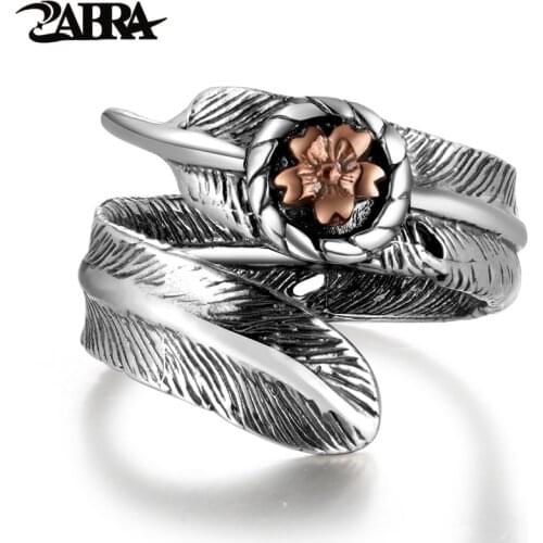 ZABRA Vintage 925 Silver Adjustable Ring Female Rose Gold Flower Feather Shape Love Punk Retro Genuine Rings Size 6-11 Jewellery