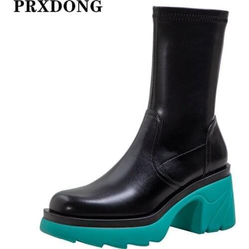 Top Qulaity Women Mid Calf Boots 2021 Fashion Autumn Winter Warm Shoes Thick High Heels Platform Basic Boots Casual Lady Shoes