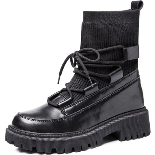 Genuine Leather Sock Boots Women Heels Black Platform Shoes Woman Booties Ankle Boots Female Designer Shoes for Women 2021 New