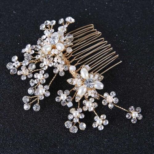 Vintage Gold Wired Twig Crystal Pearl Floral Side Combs Bridal Headpiece Wedding Accessories BN