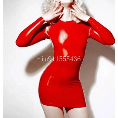 Women Red Latex Rubber Dresses Latex Club Wear Costumes Clothing Dress Sexy Fetish Skirt for Female