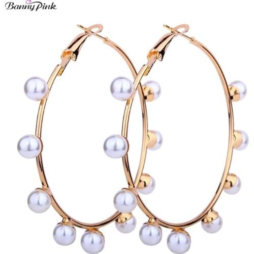 Banny Pink Chunky Imitation Pearls Statement Earrings For Women Chunky Round Circle Hoop Earrings New Punk Pendant Earrings