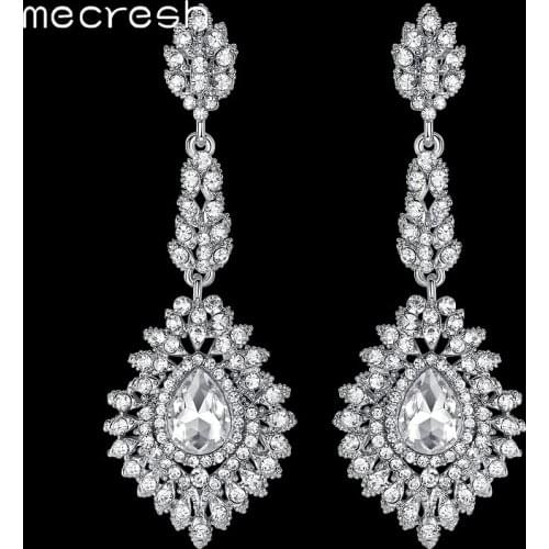 Mecresh Fashion Teardrop Wedding Earrings for Women Blue Black Color Crystal Bridal Long Dangle Earrings Jewelry EH192