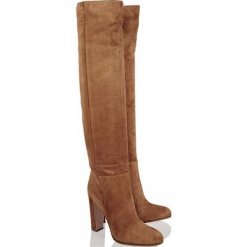 Woman Brown Solid Color Suede Round Toe Knee High Boots Winter Chunky Heels V Open Back Slip On Tube Long Boots Big Size 46