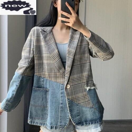 Women Denim Splice Plaid Blazer New Autumn Loose Single Button Suit Jacket Streetwear Preppy Style Casual Long Sleeve Coat
