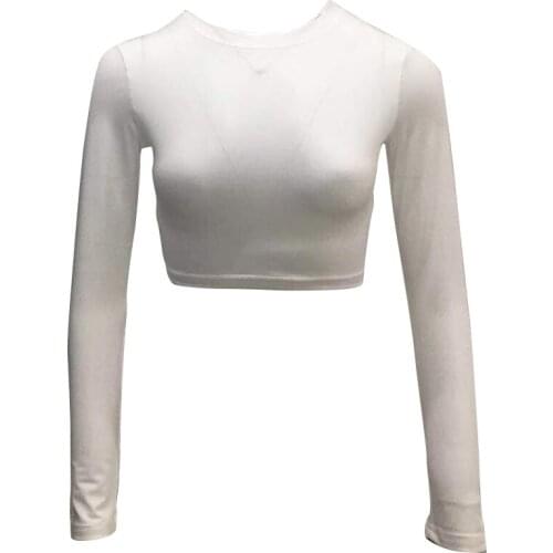 Women Crop Top Short Daily Round Neck Polyester T Shirts Club Casual Basic Tight Solid Autumn Long Sleeve Sexy