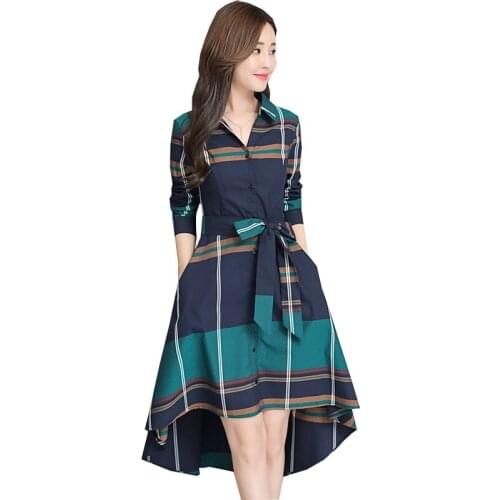 2019 Spring Autumn Fashion New Women Dress Casual Elegant Plaid Shirt Long Sleeve Irregular Belt Midi Dress OL Female Vestido