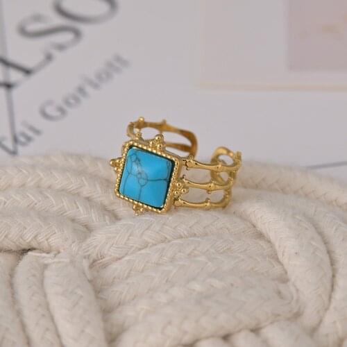 Bohemian Stainless Steel Square Natural Stone Rings Gold Metal Layered Hollow Wide Adjustable Womens Ring Jewelry 2021 Trend