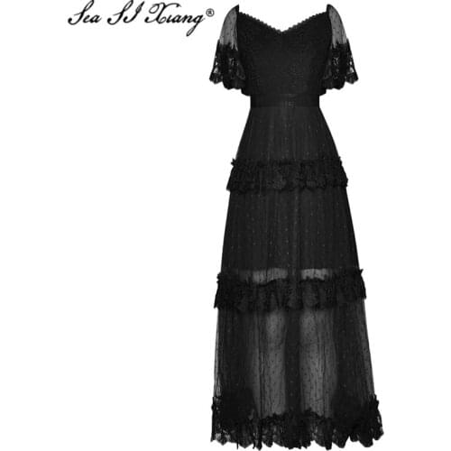 Seasixiang Fashion Designer Summer Mesh Dress Women V-Neck Flare Sleeve Backless Embroidery Long Dresses