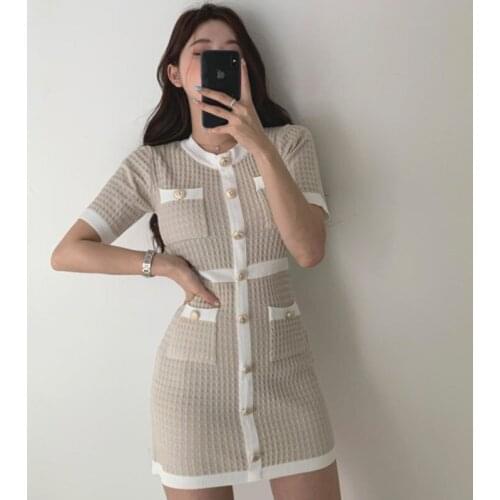 Button Knitted Dress French retro round neck single-breasted contrast color design slim and thin bag hip knitted dress women