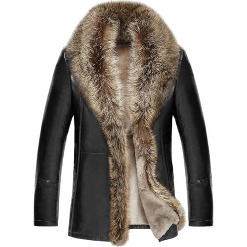 Winter Mens leather jacket, genuine lamb wool leather jacket, thick raccoon fur jacket for men, plus size male fur collar coat