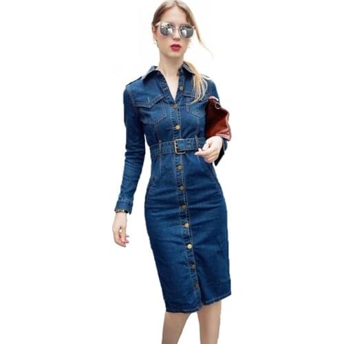 2019OL Sexy Denim Dress Plus Size Long Sleeve Jeans Dress Women
