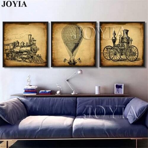 3 Piece Vintage Calligraphy Painting Train Car Early Oil Paintings Printed For Living Room Wall Art Retro Office Decor Framed No