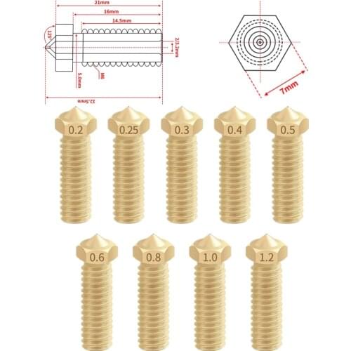 5Pcs/lot New Volcano 3D printer All metal brass E3D Lengthen extruder nozzle 0.3/0.4/0.6/0.8/1.0/1.2mm For Sidewinder X1 1.75mm