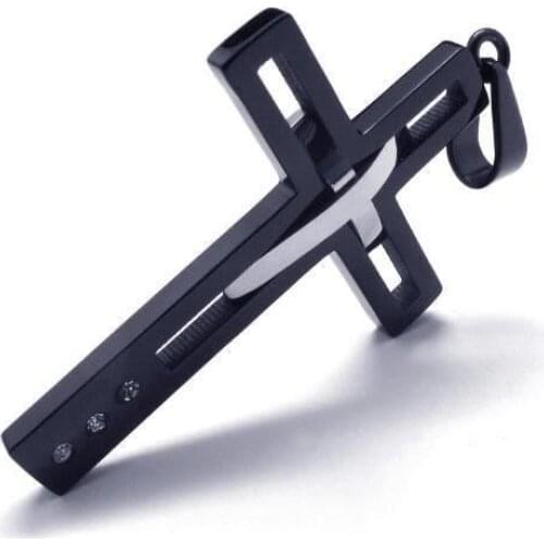 50% Hot Sales Men\s Black Titanium Steel Punk Cross Pendant Chain Hollow Fashion Necklace