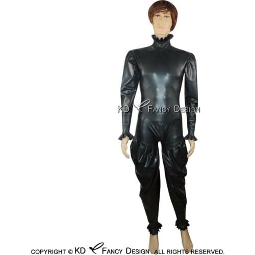 Black Sexy Latex Catsuit With Ruffles Back to Crotch Zipper Rubber Body Suit Catsuit Bodysuit Zentai Overall Cat Suit LTY-0035