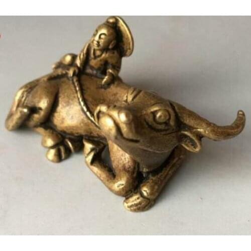 China Pure brass Carving lad and cattle small statue