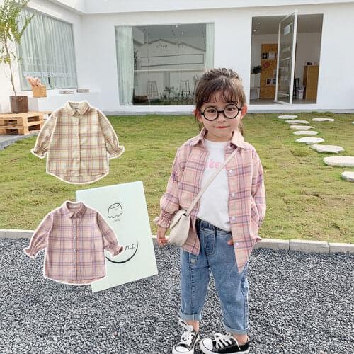 Kids Fall Clothes Girls Blouses Cotton Plaid Long Sleeve Shirts Ruched Cuff Baby Girls Casual Spring Autumn Clothes Shirt Blouse