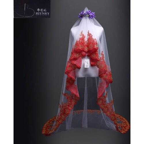 One Layer Tulle Wedding Veil With Red Lace Appliques Edge Fashion Bridal Accessories Elegant Bridal Veils