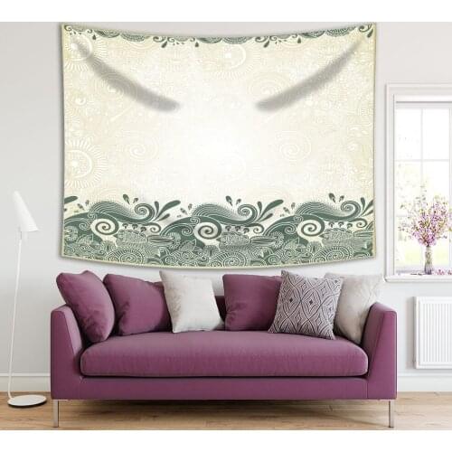 Tapestry Fish and Wave on Floral Background Sea Ocean Wildlife Oriental Style Art Green Beige