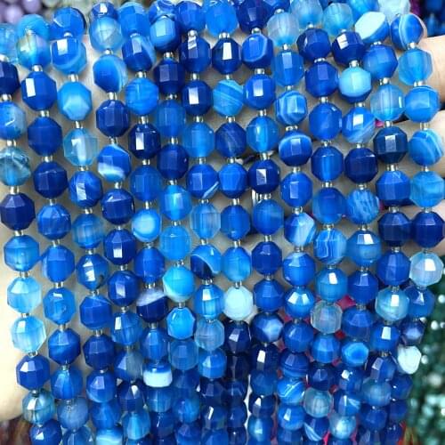 Faceted Natural Blue Striped Agates Gem Stone Round Loose Spacer Beads For Jewelry Making Handmade DIY Bracelet Accessories