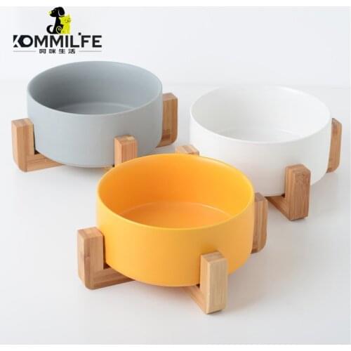 Ceramic Anti-slip Pet Bowl For Dogs 12.8-20cm Diameter Pet Bowls Cat Dog Feeder With Wood Stand Cat Dog Food Bowl Dog Supplies