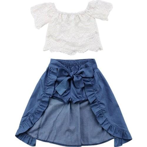 3PCS Set Fashion Children Girl Summer Clothes Off shoulder Lace White Tops+Denim Shorts Ruffles Bow Skirt Outfit Clothing Set