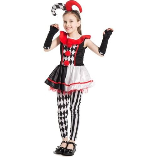 Girls Evil Harlequin Honey Jester Costume Childs Zombie Circus Halloween Fancy Dress