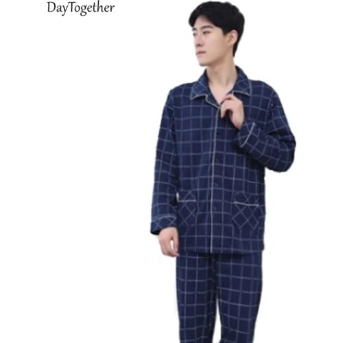 Mens pyjamas cotton long sleeve in the spring and autumn thin cotton mens old autumn fertilizer increased leisurewear suit