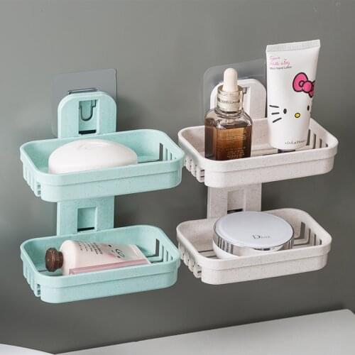 Wall Mounted Double Layer Soap Dishes Box Drain Sponge Holder Shampoo Storage Rack For Bathroom Accessories Toiletries Organizer
