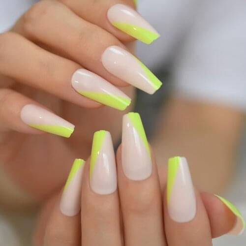 Neon Green French Press on False Nails Extra Long Coffin Ballerina Shape UV Gel Nude Lignt Pink Fingersnails Free Adhesive Tapes