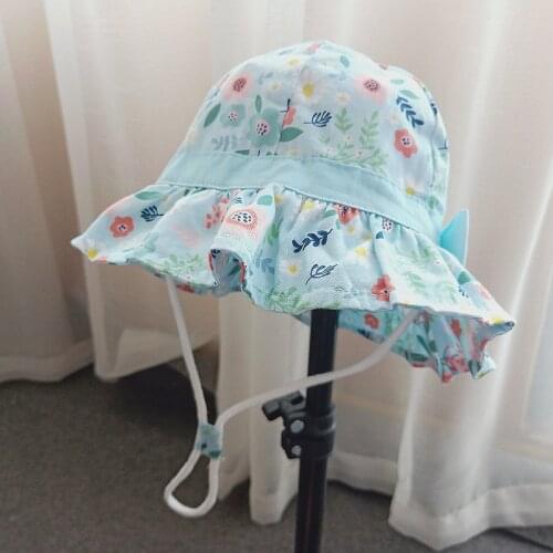 1Pcs Summer Flower Print Baby Hat Sweet Bow Toddler Girls Bucket Hat Children Wide Brim Cotton Panama Fisherman Cap