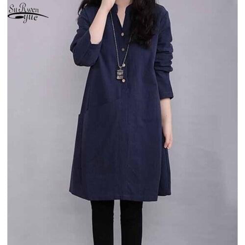Autumn New A-line Mid-length Cotton Linen Casual Dress for Women Loose Solid Button Splicing Long Sleeve Dress Robe Femme 12676