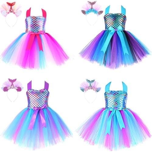 Little Mermaid Princess Dresses for Girls Kids New Year Costumes Baby Girl Outfit Christmas Tutu Dress with Headband 1-10 Years