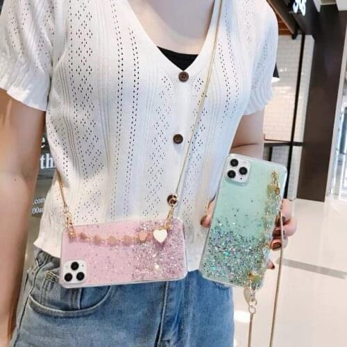 Bling Glitter Love Heart Chain Bracelet Case For iPhone 12 mini 11 Pro XS Max XR 7 8 6 Plus SE 2020 Soft Rubber Cover