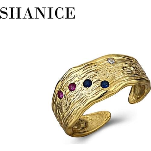 SHANICE S925 sterling silver texture inlaid color zirconium ring European ins cold wind exaggeration net celebrity trend fashion