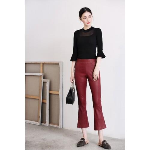 YR!Free shipping.Wholesales, high waist ,skinny ,sexy ,ankle length woman trouser ,fall-winter authetic Iamb skin leather, sales