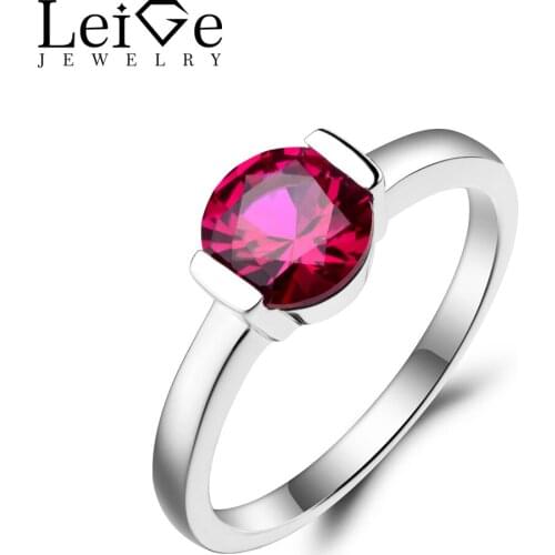 Leige Jewelry Engagement Ring Ruby Ring July Birthstone Round Cut Red Gemstone Solid 925 Sterling Silver Solitaire Ring for Lady