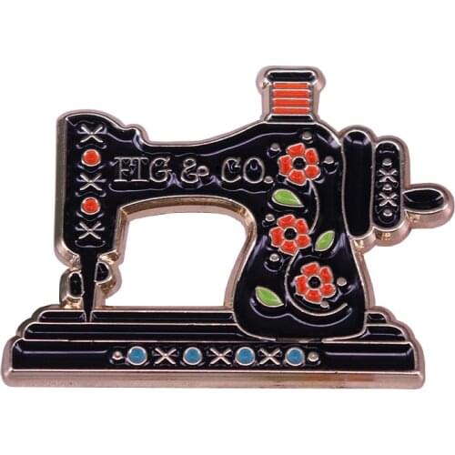 Vintage black sewing machine brooch fig tree colors pattern badge knitters flair gift gorgeous retro decor