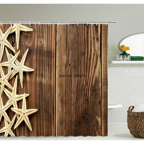 Shower Curtain Printed Ocean Starfish Old Wood Grain Waterproof Bathroom Curtain With Hooks Polyester Fabric Bath Curtain