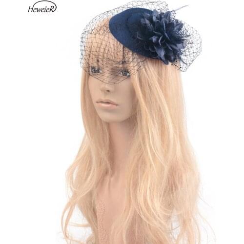 Navy Pillbox Hat Netting Veil Flower Fascinator Bridal Women Wedding Party Hair Clip Jewelry