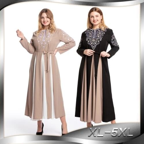 BianFeng Womens Muslim Fashion Embroidered Abaya Round Neck Long Sleeve Hijab Dress Stitching Large Swing Robe