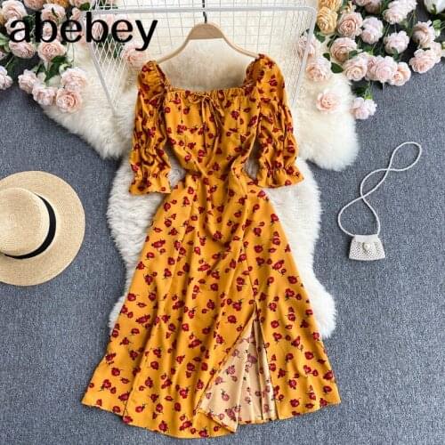 Women Bohemian Floral Dress Sweet Puff Sleeve Square Collar Ruched A-line Dress Summer French Casual Holiday Sundress
