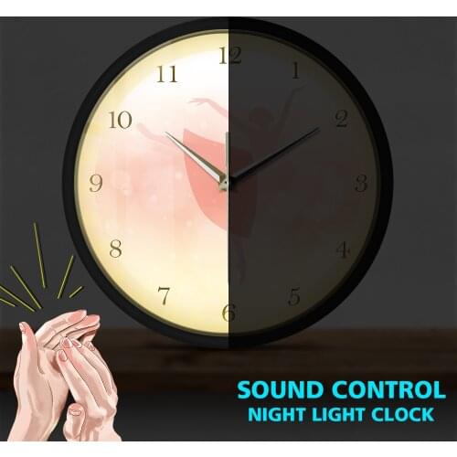 Ballet Girl Princess Pink Watch Glow in Dark Dancing Metal Frame Round Sound Control Wall Clock Night Light Lamp