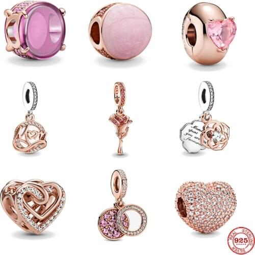 2021 New 925 Sterling Silver Beads Rose Gold Flower Mom Pink Oval Charms Fit Original Pandora Bracelet Women Jewelry DIY Gift