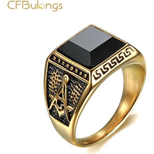 CFBulongs Vintage Black Gold Zircon Mens Ring Mason Masonic Stainless Steel AG Logo Punk Jewelry