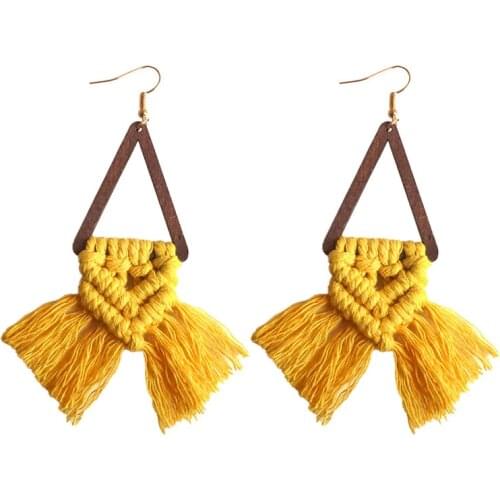 Handmade Wood Knotted Macrame Fringe Tassel Drop Earrings for Women BOHO Trendy Jewelry Daily Gift